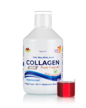 Colagen Lichid MAN pentru Bărbați – Hidrolizat Tip 1 si 3 cu 10000Mg + Acid Hialuronic + Siliciu + Biotină + Cupru + Vitamina C, E, B6, B12 – sticlă cu 500 ml