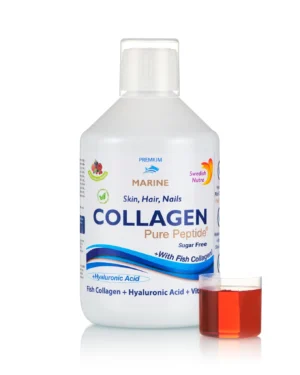 Colagen marin hidrolizat 10000mg + acid hialuronic 50mg + biotină 5000mcg + seleniu + siliciu + vitamina c, b5, b6, b12, d3 – sticlă cu 500 ml