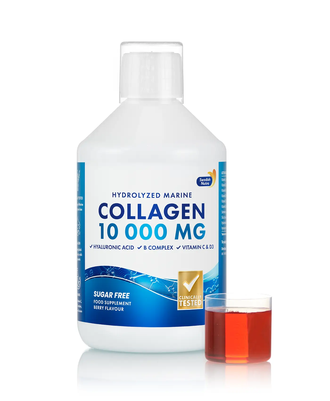 Colagen marin hidrolizat 10000mg + acid hialuronic 50mg + biotină 5000mcg + seleniu + siliciu + vitamina c, b5, b6, b12, d3 – sticlă cu 500 ml