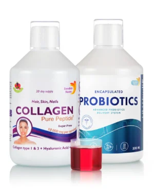 Pachet Beauty + Reducere Balonare si Reglare Tranzit- Colagen Lichid Hidrolizat Tip 1 si 3 cu 10.000 Mg + Probiotic Lichid