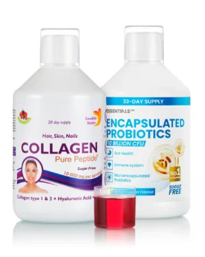 Pachet Beauty + Reducere Balonare si Reglare Tranzit- Colagen Lichid Hidrolizat Tip 1 si 3 cu 10.000 Mg + Probiotic Lichid