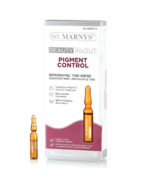Pigment control cu vitamina c stabilizată + vitamina b3 + extract de dud alb + apă de albăstrele pentru reducerea și prevenirea petelor pigmentare – cutie cu 7 fiole pentru 14 zile de tratament