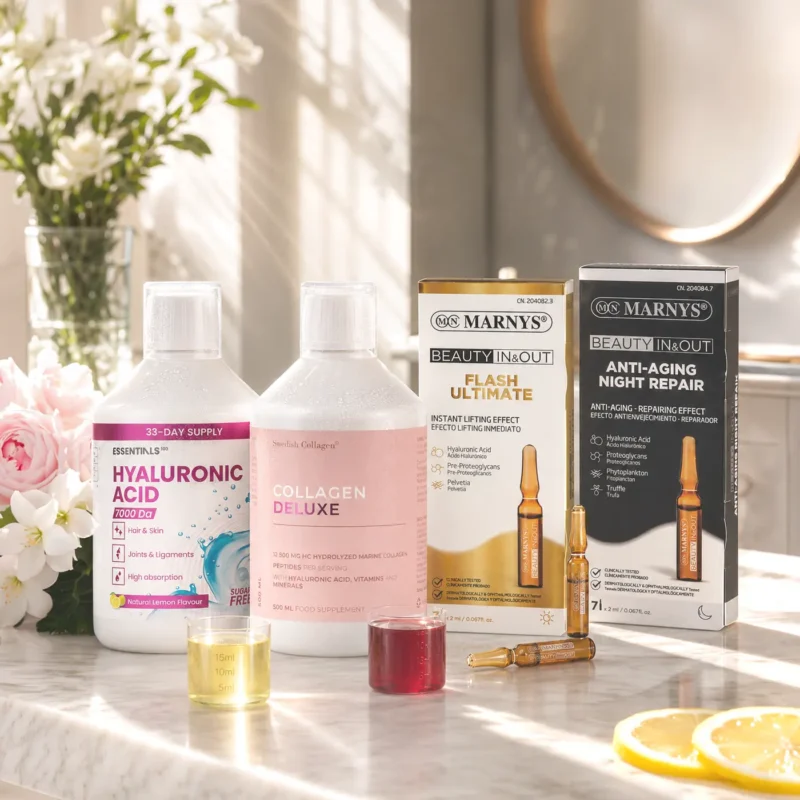 Superpachet cu 4 produse pentru hidratare si antiimbatranire - colagen deluxe + acid hialuronic + fiole cosmetice