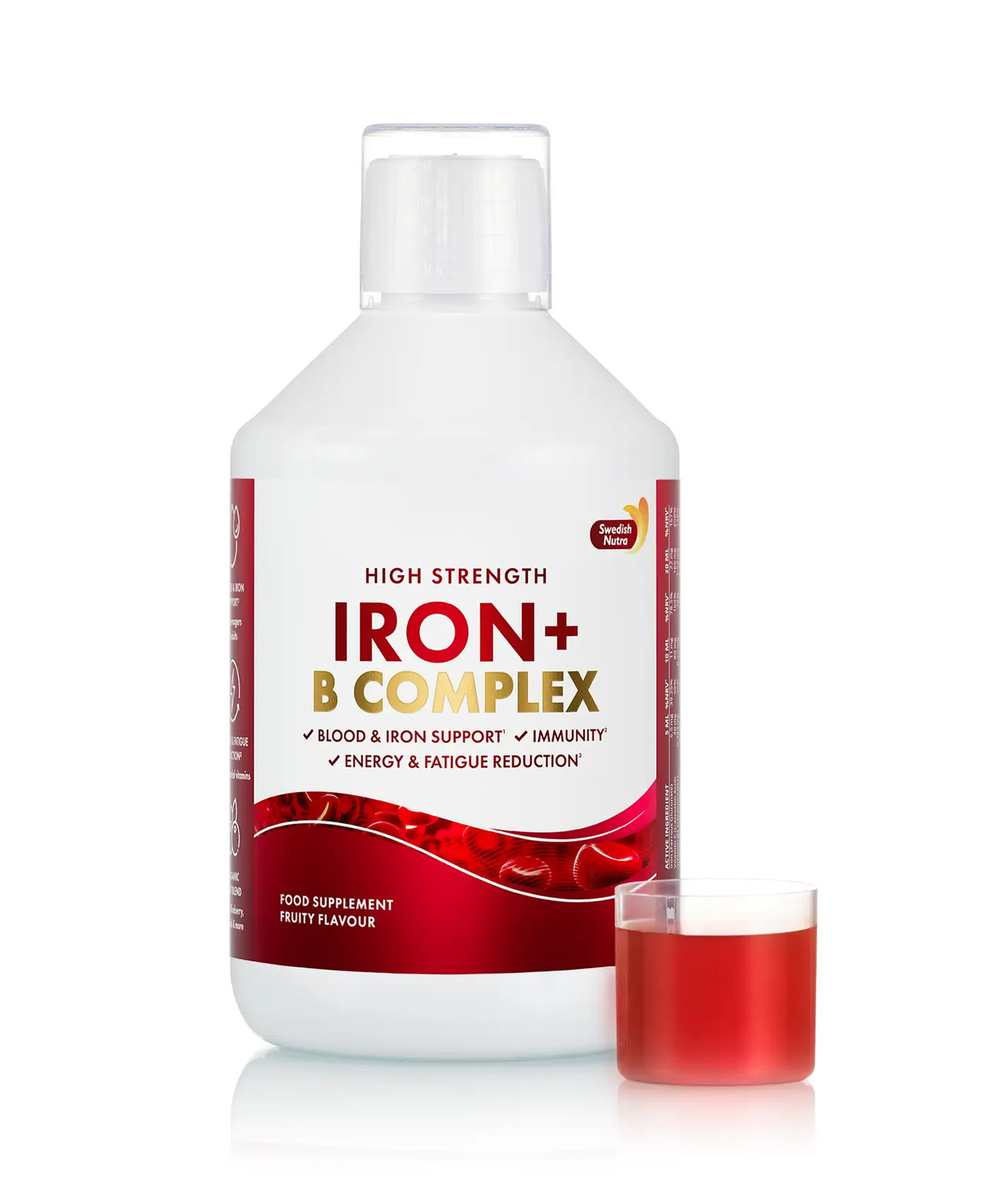 Fier lichid – complex cu 15 ingrediente active – fier + vitamina c + complex b + acai + afine + mix de fructe și verdețuri – produs vegan – 500 ml