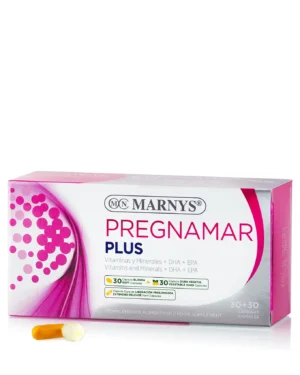 PREGNAMAR PLUS– Acizi grasi Omega 3 + 10 Vitamine (B9, B3, B5, B6, B2, B1, C, E, D, A) + Calciu + Magneziu + Fier pentru sanatatea mamei si a copilului in timpul sarcinii – 30 gelule softgel + 30 capsule
