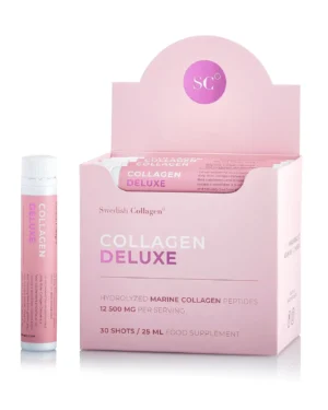 Colagen deluxe – 30 shots – colagen marin hidrolizat lichid tip 1 si 3 cu 12. 500 mg + acid hialuronic 75 mg + biotina 5000 mcg + msm 125 mg + zinc + siliciu + vitamine