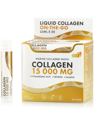 Colagen 15. 000 mg – colagen marin hidrolizat lichid tip 1 si 3 + acid hialuronic 50 mg + retinol 800 mcg + elastina 10 mg + msm 100 mg + zinc 10 mg + seleniu 27,5 mcg + vitamine + organic superfoods fructe si legume – cutie cu 20 shots
