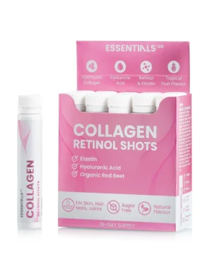 Essentials 100 - colagen retinol – colagen hidrolizat lichid + retinol 960 mcg + elastina 10 mg + vitaminele b3 si b9 + super blend antioxidant mix 10. 000 mcg din 10 verdeturi, fructe si legume – cutie cu 10 fiole