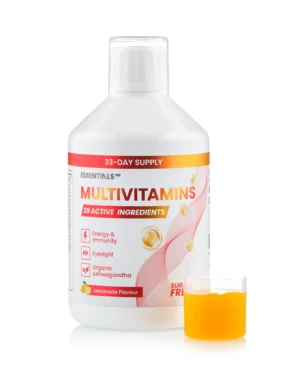 Essentials 100 - Multivitamine Lichide - Ashwagandha + Luteina + Zeaxantina + Spirulina Organica + Sfecla cu 29 Ingrediente Active - Sticla cu 500 ml