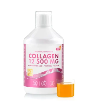 Colagen marin hidrolizat lichid 12. 500 mg cu acid hialuronic, retinol, elastina, msm si vitamine – tratament complet pentru frumusete, piele tanara, par stralucitor si unghii rezistente – sticla 500 ml