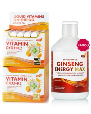 Pachet Imunitate & Energie – 2 cutii × Vitamina C 500 mg + D3 + K2 + Cadou Ginseng Energy 2000 mg