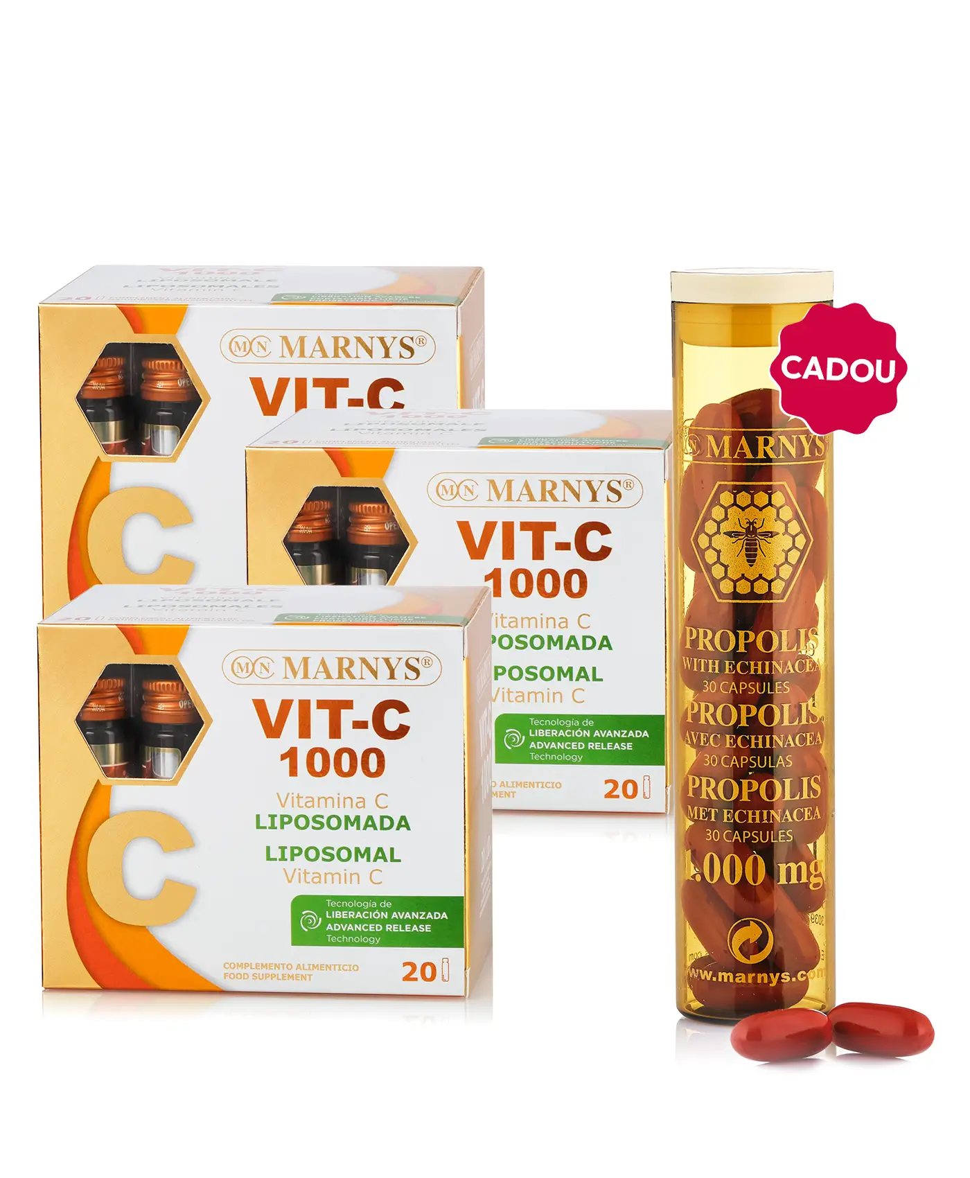 Pachet imunitate de iarnă - 3 cutii × vitamina c lipozomală 1000 mg + cadou propolis 1000 mg + echinacea