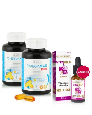 Pachet Omega 3 & Vitamina D - 2 cutii × Omegamar 1500 mg (EPA + DHA) + Cadou Vitamina K2 + D3 Lichidă