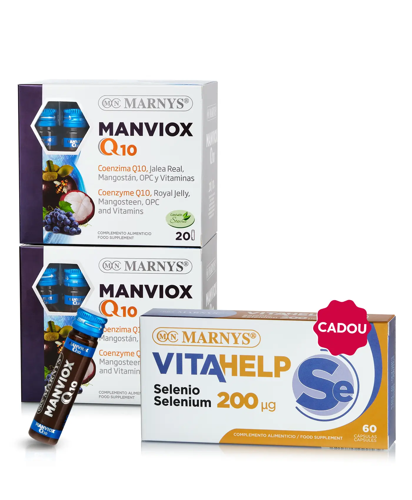 Pachet vitalitate de iarnă - 2 cutii × manviox q10 (coenzima q10 + lăptișor + 10 vitamine) + cadou seleniu 200 mcg